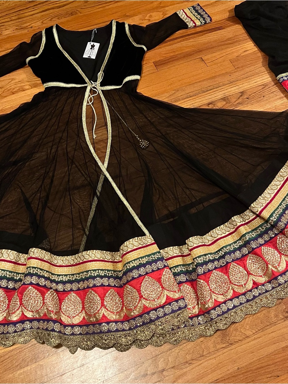 Black Sheer Overcoat Gold & Red Embroidered Border